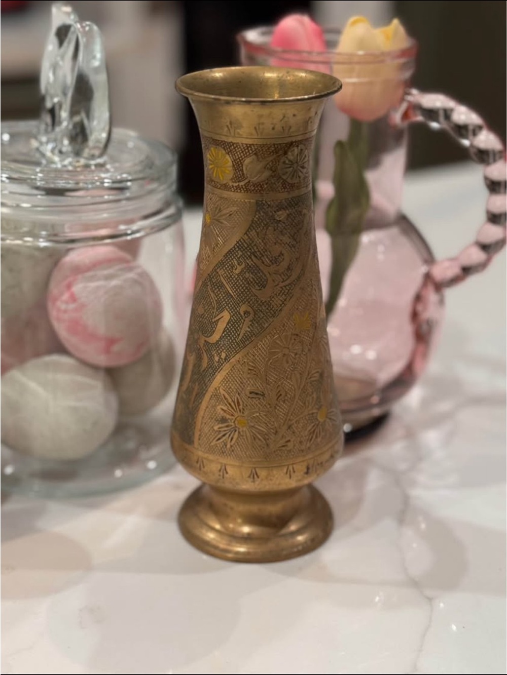 Vintage VTG Solid Brass Floral Inlay 8" Flower Vase -Ivan Palace New Delhi India - Picture 4 of 11